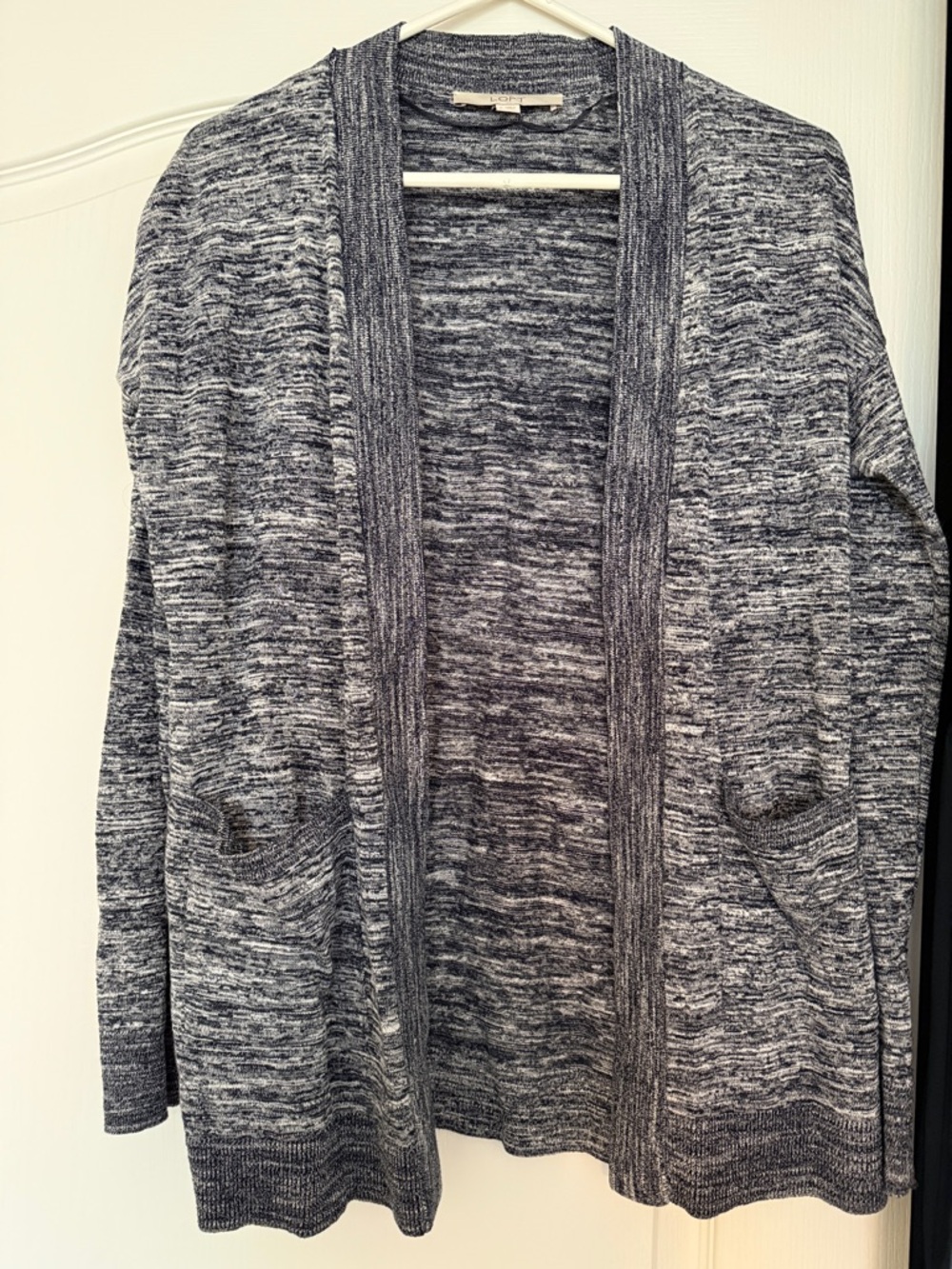 LOFT Marled Open-Front Cardigan in Gray and White